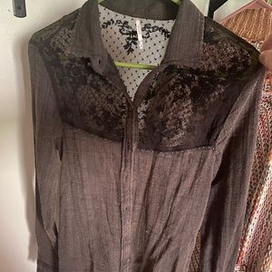 Free People Lace Long Sleeve Top — Button Up, Charcoal color